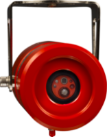 Red industrial flame detector with a cylindrical shape and a black sensor area, mounted on a metallic bracket angled to the right