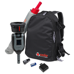 Solo testifire black backpack with a heat test kit. there is a GPS reciever a handheld display unit, SD cards and a Battery 