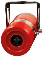 Red industrial flame detector with a cylindrical shape and a black sensor area, mounted on a metallic bracket.