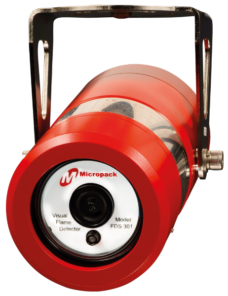 Micropack Visual Flame Detector, with a red cylindrical body, black sensor area, and mounted on a metallic bracket.