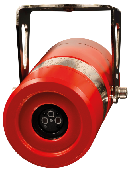 Micropack Red industrial flame detector with a cylindrical shape and a black sensor area, mounted on a metallic bracket.